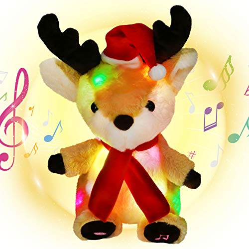 Housbaby Christmas Musical Light up Reindeer LED Stuffed Animals Rudolph Plush Toys Lullaby Singing Animated for Toddlers Xmas Gift Holiday,Brown,13''