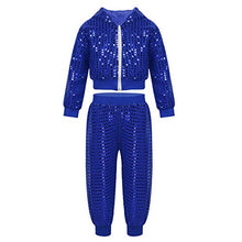Load image into Gallery viewer, Agoky Children Girls Sequins Hip Hop Modern Jazz Street Dance Costume Outfit Kids Stage Performances Clothes Blue Hooded Set 10-12
