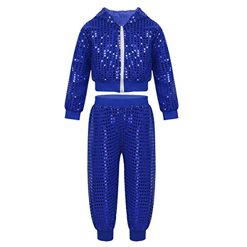 Agoky Children Girls Sequins Hip Hop Modern Jazz Street Dance Costume Outfit Kids Stage Performances Clothes Blue Hooded Set 10-12