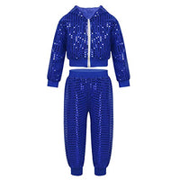 Kaerm Kids Girls Boys Long Sleeves Zippered Jazz Hip-Hop Stree Dance Costume Glittery Sequined Outfits Blue 10-12
