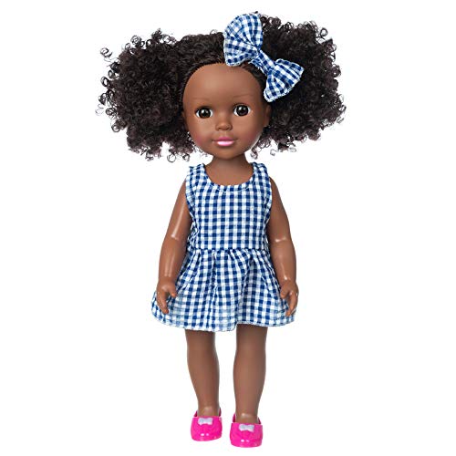 ZITA ELEMENT Girl Black Doll 14.5 Inch Black Baby Doll with Clothes and Shoes African American Realistic Silicone Black Doll Wearing Cute Blue Plaid Dress Clothes Outfits, Hairclip and Rose Red Shoes