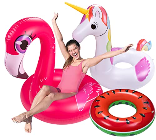 3PCS Pool Floats Adult Set - Unicorn + Flamingo + Watermelon Inflatable Beach Floaties Swimming Ring Toys for Adults, Kids 8-12,Teenager Water Party Supplies