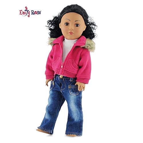 Emily Rose 18 Inch Doll Clothes for American Girl Doll - Fur Collar Accessory Jacket Outfit with White T-Shirt and Distressed Jeans