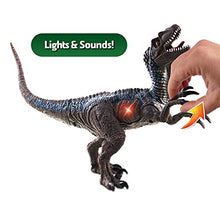 Load image into Gallery viewer, NKOK WowWorld B/O Velociraptor (Lights &amp; Sounds), Realistic Reptile Roars by Rotating an arm, Red LED Lights in Mouth and Along Ribs, Articulated in Mouth, arms, Legs and Tail, Great Gift
