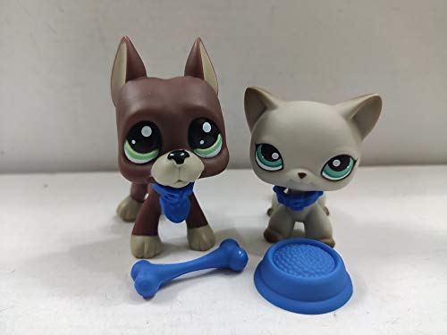 2pcs/Lot Set Pets Littlest Pet Shop LPS Great Dane Dog Grey Brown Cat Kitty Green Brow Eyes lps Figure Toys Rare with Accessories