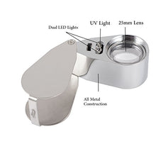 Load image into Gallery viewer, 40X Full Metal Illuminated Jewelry Loop Magnifier,XYK Pocket Folding Magnifying Glass Jewelers Eye Loupe with LED and UV Light(LED Currency Detecting/Jewlers Identifying Type Lupe)
