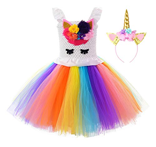 JerrisApparel Girls Unicorn Costume Dress Birthday Party Tutu Outfit with Headband (L (5-6 Years), Rainbow Unicorn)