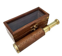 Nautical Brass & Leather Handheld Telescope with Wooden Box Antique Marine Pirate Spyglass