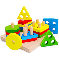 Wooden Sorting & Stacking Toys for Toddlers, Preschool Educational Shape Color Recognition, Early Childhood Development PGeometric Puzzle Toys for 3+ Year Old Boys Girls Travel Toy (4 Shapes)