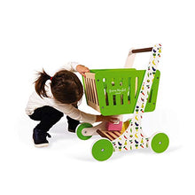 Load image into Gallery viewer, Janod Green Market Wooden Shopping Trolley - Push Cart Buggy with Toy Grocery Accessories  Creative, Imaginative, and Developmental Role Play  Fun Approach to Learning  Ages 18 Months+
