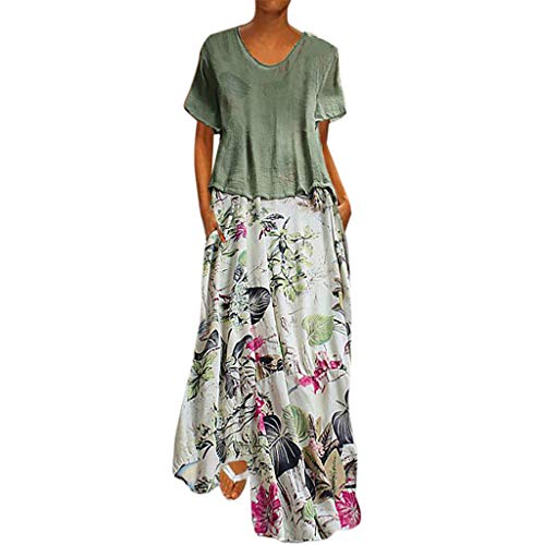 Plus Size Dress for Women Two Piece Vintage Floral Print Short Sleeve Loose Casual Straight Flowy with Side Pockets (XXL, Green)
