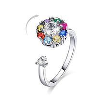 Load image into Gallery viewer, Womens Girls Silver Tone Open Flower Spinner Ring Colorful Cubic Zirconia Anxiety Engagement Wedding Band ADHD Stress Relief Fidget Toys
