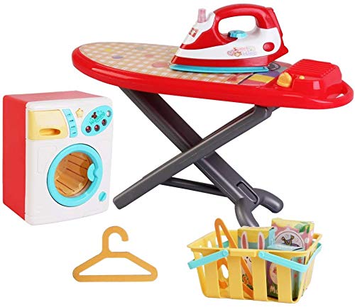 JIMMY'S TOYS Housekeeping Kids Electric Toy Playset, Iron, Ironing Board, Washing Machine, Basket, and Hangers - Includes Detergent Boxes (Lights up with Sound, and Realistic Spinning)