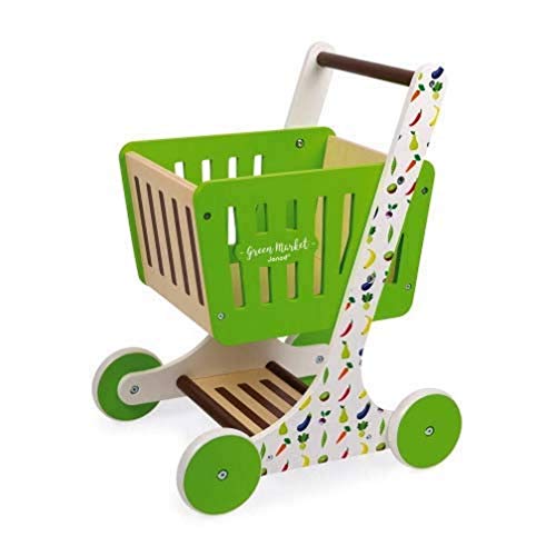 Janod Green Market Wooden Shopping Trolley - Push Cart Buggy with Toy Grocery Accessories  Creative, Imaginative, and Developmental Role Play  Fun Approach to Learning  Ages 18 Months+