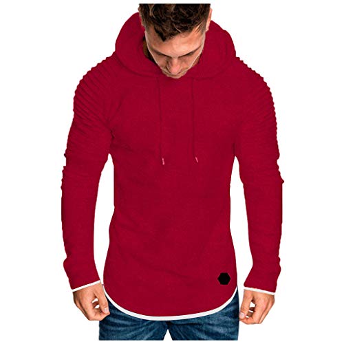 WUAI-Men Pullover Hoodie Long Sleeve Pleated Hooded Sweatshirt Slim Fit T-Shirt Fitness Outwear(Red,Large)