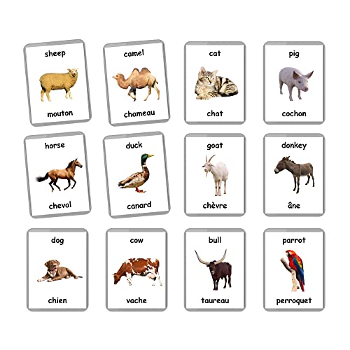 Farm Animals Flash Cards - 27 Laminated Flashcards | Homeschool | Montessori Materials | Multilingual Flash Cards | Bilingual Flashcards - Choose Your Language (French + English)