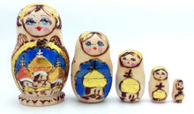 Load image into Gallery viewer, BuyRussianGifts Russian Church in Gold Nesting Dolls Wood Burned Hand Carved Hand Painted 5 Piece Set
