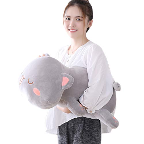 Cat Plush Hugging Pillow, Soft Kitten Cat Stuffed Animals Toy Gifts for Kids (Grey Squint Eyes, 25.5