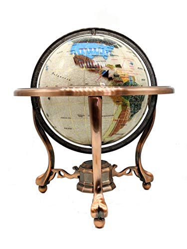 Limited Edition! Unique Art Since 1996 Pearl Swirl Table Top Gemstone World Globe with Tripod Vintage Copper Zinc Alloy Stand (220MM/9 INCHES/Pearl Ocean/Copper)
