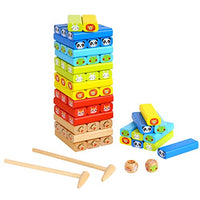 Tookyland Wooden Blocks Stacking Game-Colorful Classic Tumbling Tower Balancing Game with Animal Patterns for Kids Age 3+, 24 Animal Cards, 2 Dices and 2 Gavels Included (82PCS)