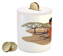 Load image into Gallery viewer, Ambesonne African Piggy Bank, Native Woman Carrying a Pot Hut Tree Natural Landscape Village Illustration, Printed Ceramic Coin Bank Money Box for Cash Saving, Multicolor
