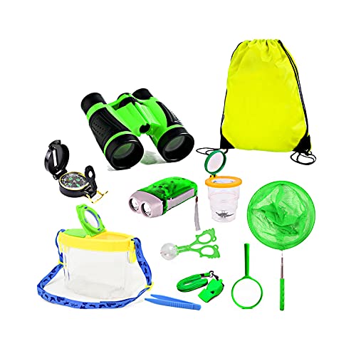 Outdoor Explorer Set - Mini Binoculars Kids, Compass, Flashlight, Whistle, Magnifying Glass, Adventure, Hunting, Hiking Educational Toy,Green