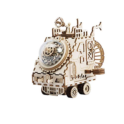 FEANG Planet Exploration Spaceship Music Box Wooden DIY Handmade Puzzle Assembly Mechanical Windup Musical Box Gift for Kids and Friends