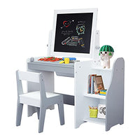 Kinsuite Multiple Kid Easel 3 in 1 Art Easel & Desk with Storage Book Shelves, Chair & Replaceable Paper Roll, Flipped Dual-Sided Magnetic Chalkboard and Whiteboard, White