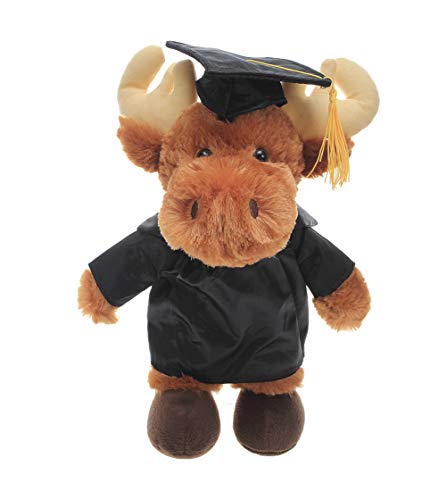 Plushland Moose Plush Stuffed Animal Toys Present Gifts for Graduation Day, Personalized Text, Name or Your School Logo on Gown, Best for Any Grad School Kids 12 Inches(Black Cap and Gown)