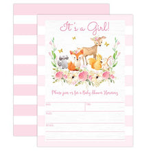 Load image into Gallery viewer, Pink Woodland Baby Shower Invitations, Forest Animal Baby Shower Invitations for Girl, with Bear, Raccoon, Deer, Baby Sprinkle, 20 Fill in Invitations and Envelopes
