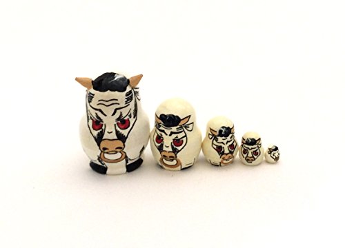 Bull Mini Nesting Dolls Russian Hand Carved Hand Painted 5 Piece Set