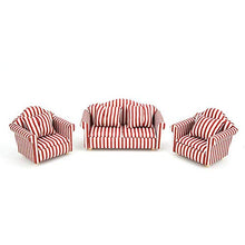 Load image into Gallery viewer, Tnfeeon 1:12 Mini Doll House Sofa Orange Red Gold Striped 3 Piece Sofa Set 4 Pillows Miniature Dollhouse Accessories Kids Pretend Toy
