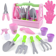 Load image into Gallery viewer, 13 Pieces Kids Gardening Tool Set for Girls, Exercise N Play Pink Toddlers Garden Yard Toys with Pot, Scissors, Watering Can, Gloves, Shovel, Rake, Trowel Portable Carry Basket
