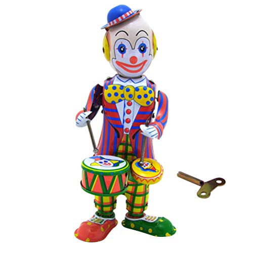 STOBOK Table Clown Toy Tinplate Wind Up Figure Toy Drumming Clown Doll Decorative Figurine Toy Gift for Kids Children Home Office