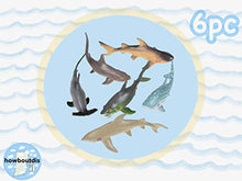 Load image into Gallery viewer, (6) Piece Shark Set  Realistic Looking Ocean Sharks  Great for Party Favors, Bath Time, Shark Week  Reusable Mesh Bag  Measuring 5.5  7.5.
