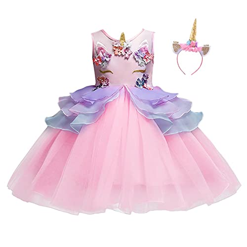 CinheyU Baby Girls Unicorn Costume Princess Birthday Pageant Tulle Dress Halloween Christmas Party Tutu Gown w/Headband Pink 8-9 Years