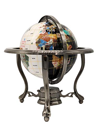 Unique Art 10-Inch by 6-Inch White Jade and Black Onyx Ocean Table Top Gemstone World Globe with Gold Tripod