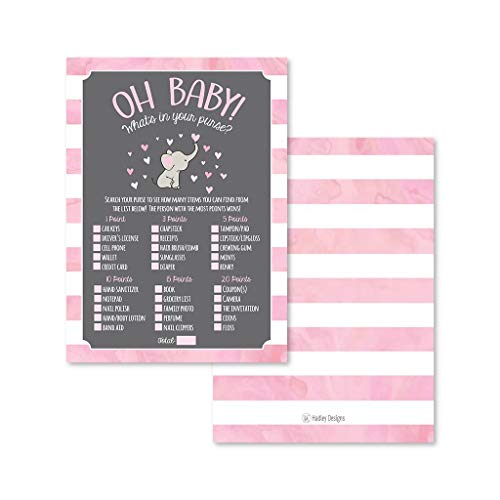 25 Pink Elephant What's In Your Purse Baby Shower Game, Funny Idea Coed Couples Game For Baby Party, Fun Woodland Themed Bundle Pack of Cards To Play at Boy or Girl Gender Decoration and Supplies