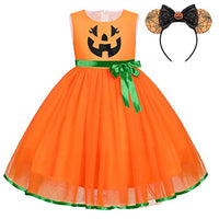 Toddler Kids Baby Girls Pumpkin Dress Halloween Christmas Fancy Dress up Costume Princess Pageant Birthday Party Tutu Tulle Skirt with Spider Bow Headband Outfit Set Orange Pumpkin 2PCS Outfit 6-12M