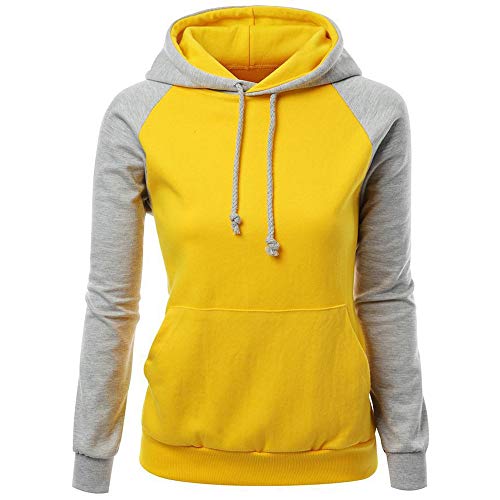Amiley Women Fall Hoodies,Women Stitching Pullover Hoodie Drawstring Casual Hooded Sweatshirt Outwear (2XL, Yellow)