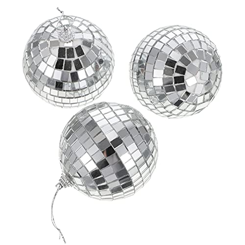 NUOBESTY 3Pcs Mirror Glass Disco Ball Reflective Balls Hanging Disco Lighting Ball Cake Topper for DJ Club Stage Bar Party Wedding Holiday Decoration 8cm Silver