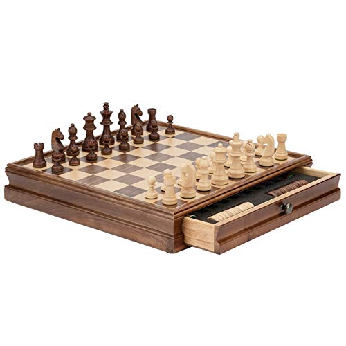 MQH Travel Chess Wooden Chess, High-end Chess Set/Checkers Set 2in1, 15inch, with Storage Drawer, Suitable for Children, Adults, Travel, Large Board Game