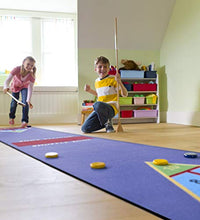 Load image into Gallery viewer, Shuffle Zone Play Carpet, Indoor Outdoor Shuffleboard Game for Kids, 2 Wooden Cues, 10 Wooden Pucks, Fun Strategy Game, 2.25&#39;W x 12&#39;L
