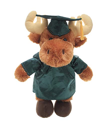 Plushland Moose Plush Stuffed Animal Toys Present Gifts for Graduation Day, Personalized Text, Name or Your School Logo on Gown, Best for Any Grad School Kids 12 Inches(Forest Green Cap and Gown)