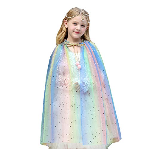 Girls Princess Cape Rainbow Cloak Shiny Glitter Party Prop Kids Halloween Fancy Dress (Rainbow, 5-7 Years)