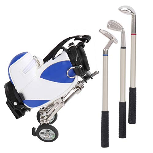 Keenso Golf Bag Pen Set, Desktop Golf Pen Set 3 Ballpoint Pens and Mini Bag Zinc Alloy Golf Pen Holding Bag(Blue & White) Golf