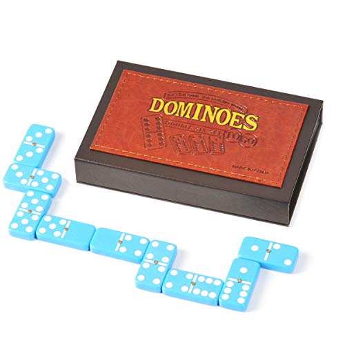 ZOOCEN Classic 28 Pieces Blue Double Six Domino Set with Spinner in Leather case