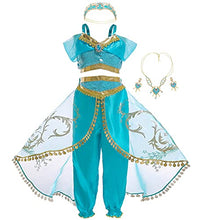 Load image into Gallery viewer, Jurebecia Jasmine Outfit for Girls Dress up Fancy Princess Costume Birthday Party Dress Kids Sequin Off Shoulder Belly Dance Crop Top and Pants Halloween Christmas Cosplay Role Play Size 8/7-8Years

