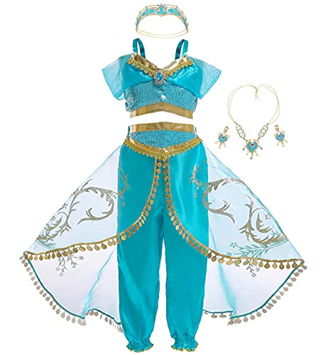 Jurebecia Jasmine Outfit for Girls Dress up Fancy Princess Costume Birthday Party Dress Kids Sequin Off Shoulder Belly Dance Crop Top and Pants Halloween Christmas Cosplay Role Play Size 8/7-8Years