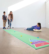 Load image into Gallery viewer, HearthSong Shuffle Zone Shuffleboard Family Game with 13 Foot Oxford Mat, Two Cues, and Eight Rolling Pucks

